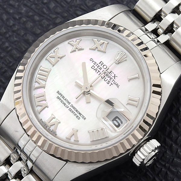 ロレックス 時計 レディース デイトジャスト 自動巻 D番 ホワイトシェル文字盤 ローマン SS×WG ROLEX 79174NR 中古