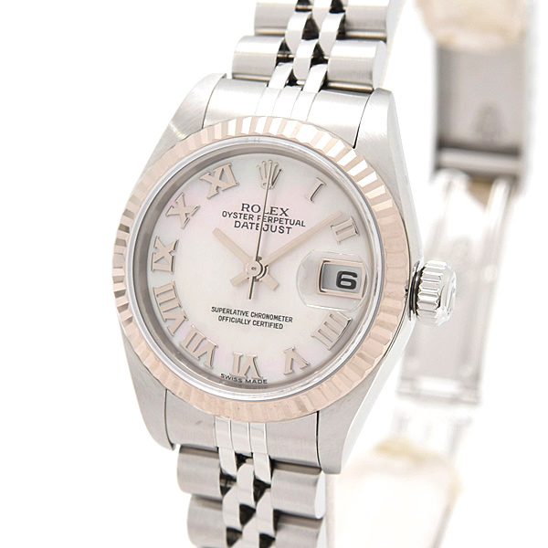 ロレックス 時計 レディース デイトジャスト 自動巻 D番 ホワイトシェル文字盤 ローマン SS×WG ROLEX 79174NR 中古