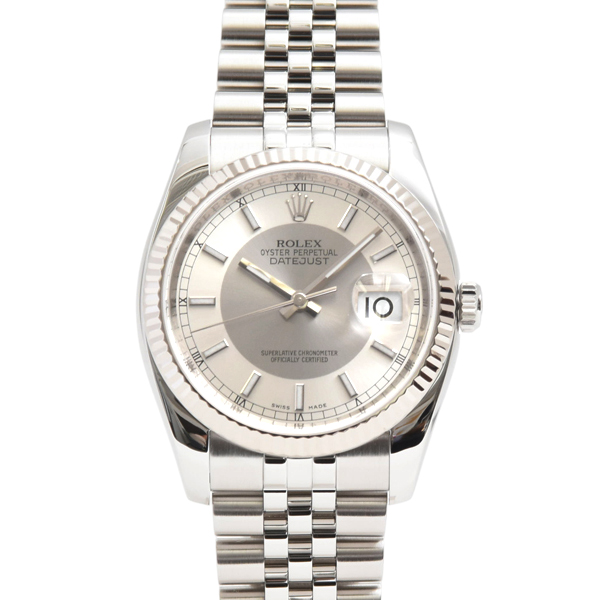 ロレックス 時計 メンズ デイトジャスト 自動巻 Z番 グレー×シルバー文字盤 ステンレス ホワイトゴールド ROLEX SS×WG 116234 中古