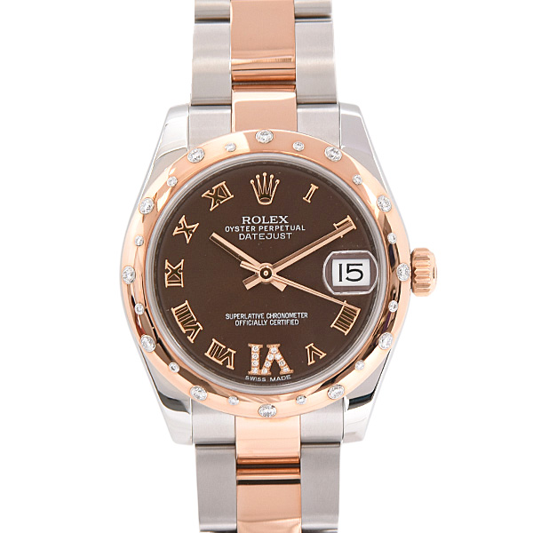 ロレックス 時計 レディース ボーイズ デイトジャスト31 VIダイヤ 自動巻 G番 チョコレート ブラウン文字盤 ステンレス ローズゴールド ROLEX 178341 SS×PG 中古