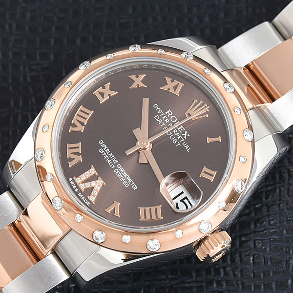 ロレックス 時計 レディース ボーイズ デイトジャスト31 VIダイヤ 自動巻 G番 チョコレート ブラウン文字盤 ステンレス ローズゴールド ROLEX 178341 SS×PG 中古
