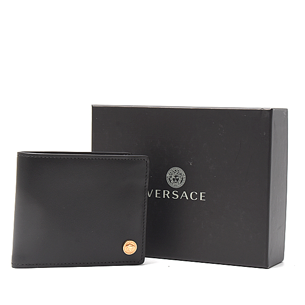 ヴェルサーチ 財布 メンズ レディース 2つ折り財布 コンパクトウォレット レザー ブラック VERSACE 中古