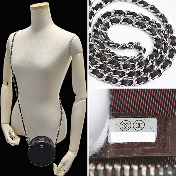 シャネル バッグ レディース キャビアスキン マトラッセ ラウンド チェーンショルダーバッグ ポシェット 丸型 ブラック CHANEL 中古