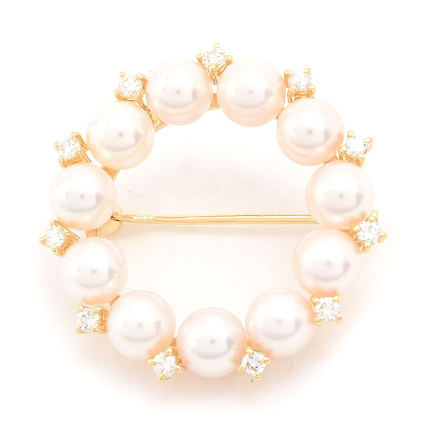 ミキモト ブローチ レディース パール ダイヤ サークルデザイン 5.5mm～5.6mm珠 イエローゴールド MIKIMOTO K18 中古