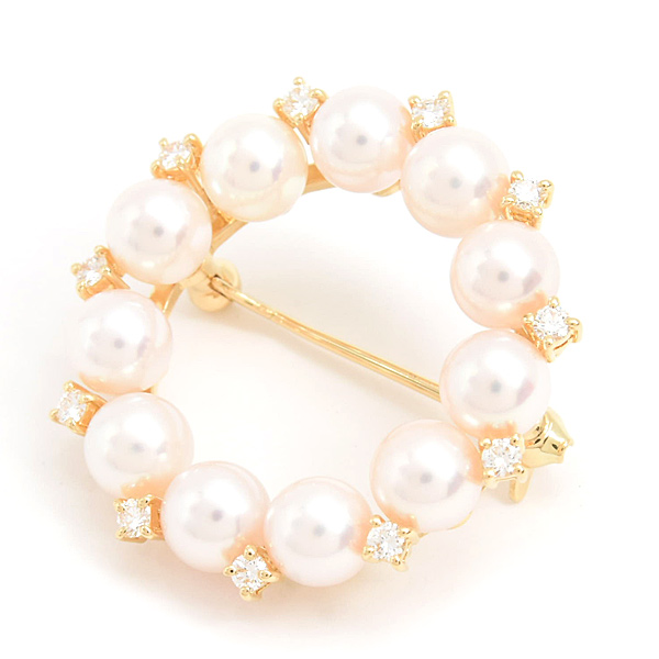 ミキモト ブローチ レディース パール ダイヤ サークルデザイン 5.5mm～5.6mm珠 イエローゴールド MIKIMOTO K18 中古
