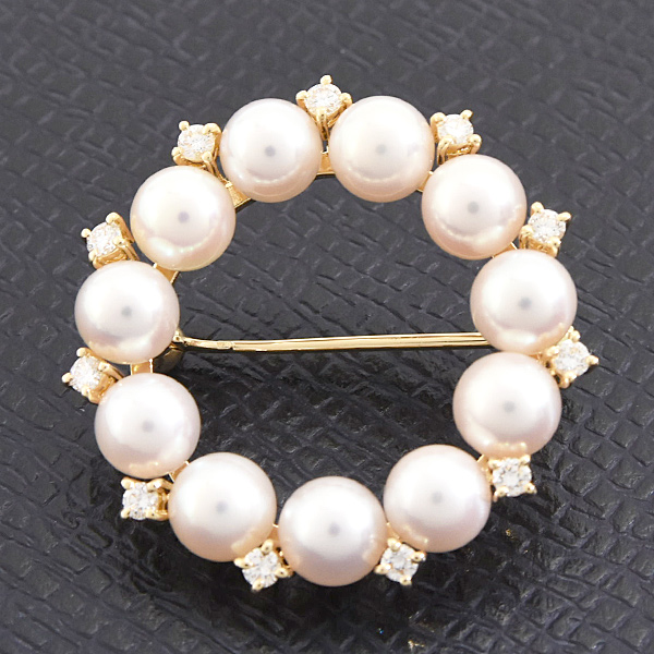 ミキモト ブローチ レディース パール ダイヤ サークルデザイン 5.5mm～5.6mm珠 イエローゴールド MIKIMOTO K18 中古