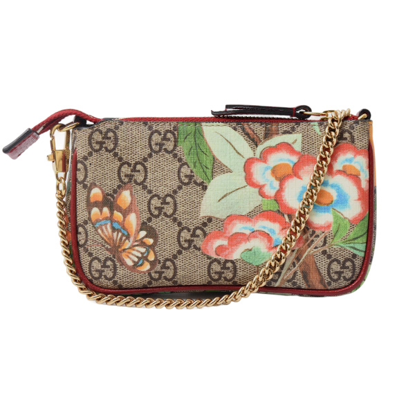 グッチ バッグ レディース ティアン チェーンハンドバッグ GGスプリーム 花 鳥 蝶 ベージュ×マルチ GUCCI 中古
