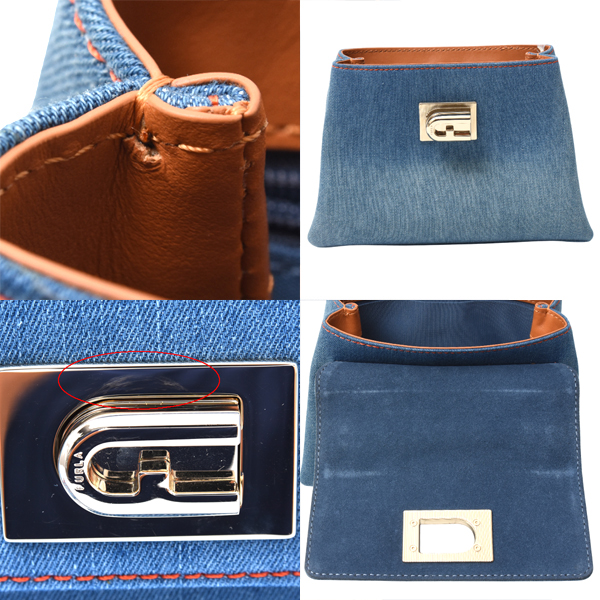 フルラ FURLA ミニ2WAYハンドバッグ デニム レザー ブルー WB00109 中古