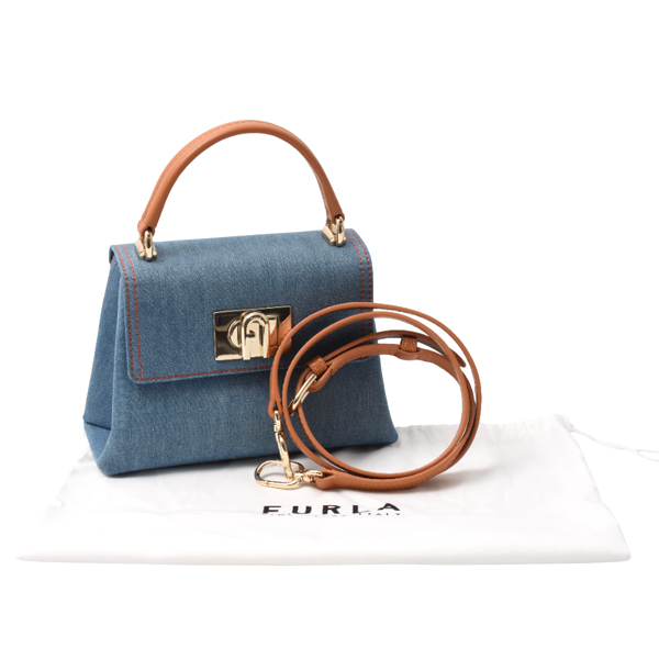 フルラ FURLA ミニ2WAYハンドバッグ デニム レザー ブルー WB00109 中古