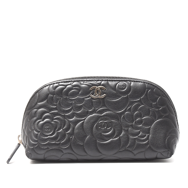 シャネル バッグ レディース カメリア コスメポーチ ミニポーチ ラムレザー ブラック 16番台 CHANEL