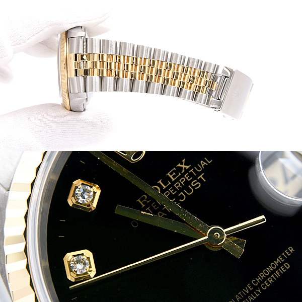 ロレックス 時計 メンズ デイトジャスト 10Pダイヤ 自動巻 W番 ブラック文字盤 SS×YG ROLEX 16233G 中古