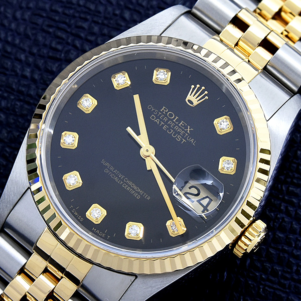 ロレックス 時計 メンズ デイトジャスト 10Pダイヤ 自動巻 W番 ブラック文字盤 SS×YG ROLEX 16233G 中古