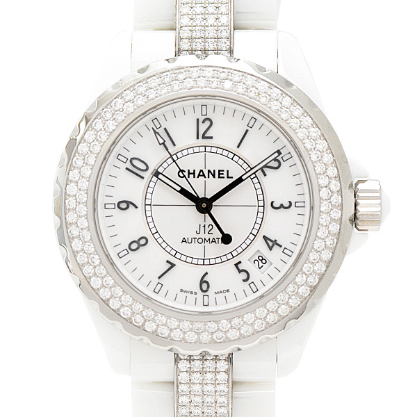 シャネル 時計 メンズ J12 自動巻 2重ダイヤベゼル ダイヤブレス ホワイト文字盤 セラミック CE CHANEL H1422 中古