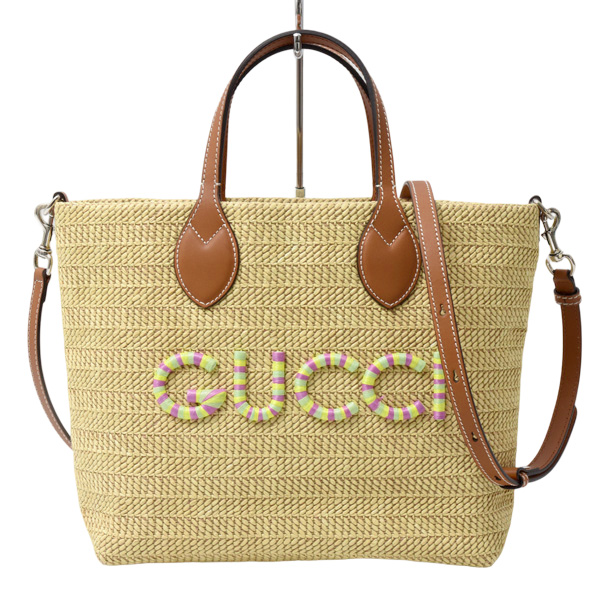 グッチ バッグ レディース パッチ スモール トートバッグ ショルダー ラフィア ブラウン系 GUCCI 779671 中古
