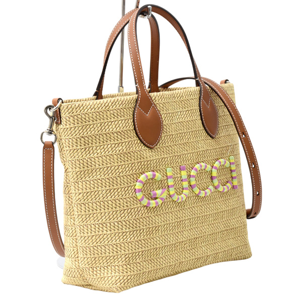 グッチ バッグ レディース パッチ スモール トートバッグ ショルダー ラフィア ブラウン系 GUCCI 779671 中古