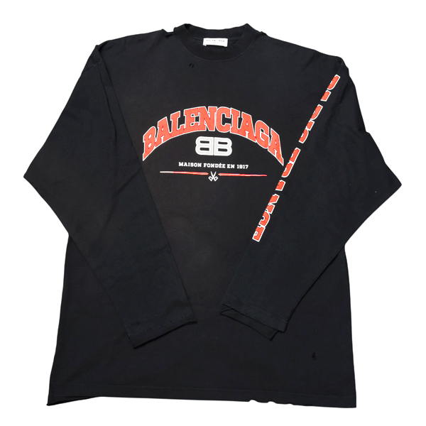 バレンシアガ メンズ レディース クラッシュロゴ ロングTシャツ 長袖 ダメージ加工 Lサイズ ブラック オレンジ BALENCIAGA 681046 中古
