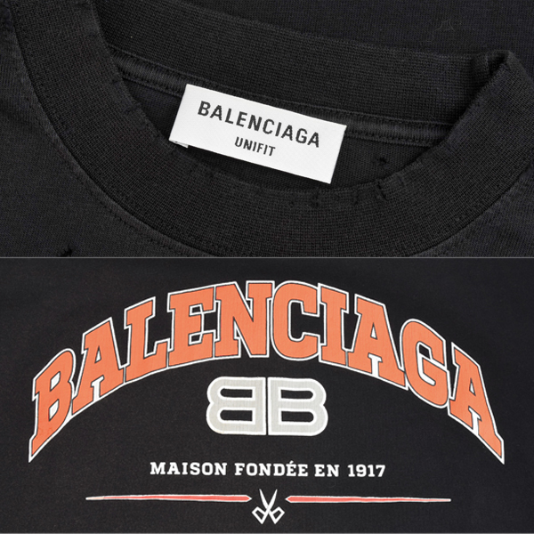 バレンシアガ メンズ レディース クラッシュロゴ ロングTシャツ 長袖 ダメージ加工 Lサイズ ブラック オレンジ BALENCIAGA 681046 中古