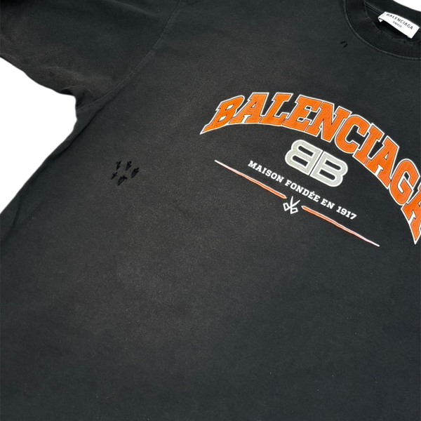 バレンシアガ メンズ レディース クラッシュロゴ ロングTシャツ 長袖 ダメージ加工 Lサイズ ブラック オレンジ BALENCIAGA 681046 中古