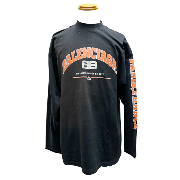 バレンシアガ メンズ レディース クラッシュロゴ ロングTシャツ 長袖 ダメージ加工 Lサイズ ブラック オレンジ BALENCIAGA 681046 中古