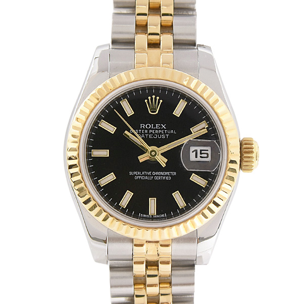 ロレックス 時計 レディース デイトジャスト ブラック文字盤 ランダム 自動巻  SS×YG ROLEX 179173 中古