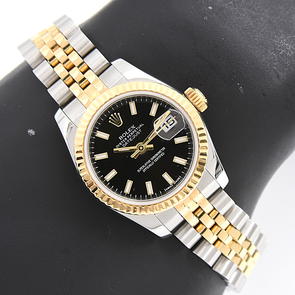 ロレックス 時計 レディース デイトジャスト ブラック文字盤 ランダム 自動巻  SS×YG ROLEX 179173 中古