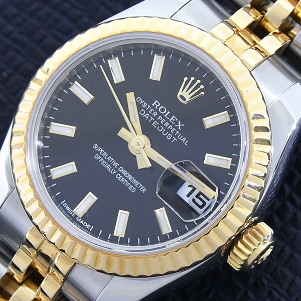 ロレックス 時計 レディース デイトジャスト ブラック文字盤 ランダム 自動巻  SS×YG ROLEX 179173 中古