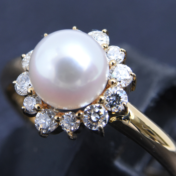 ニナリッチ 指輪 レディース パール×ダイヤ リング 11号 6.3mm珠 イエローゴールド NINA RICCI K18 中古
