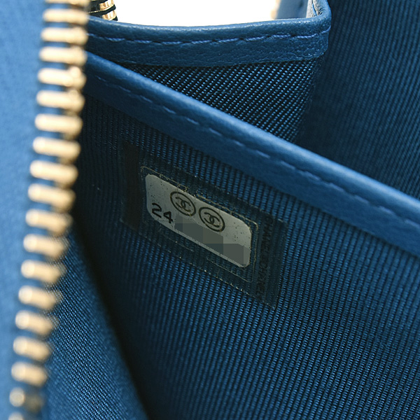 シャネル 財布 レディース シェブロン ラウンドファスナー長財布 Vステッチ ラムスキン ブルー CHANEL 中古
