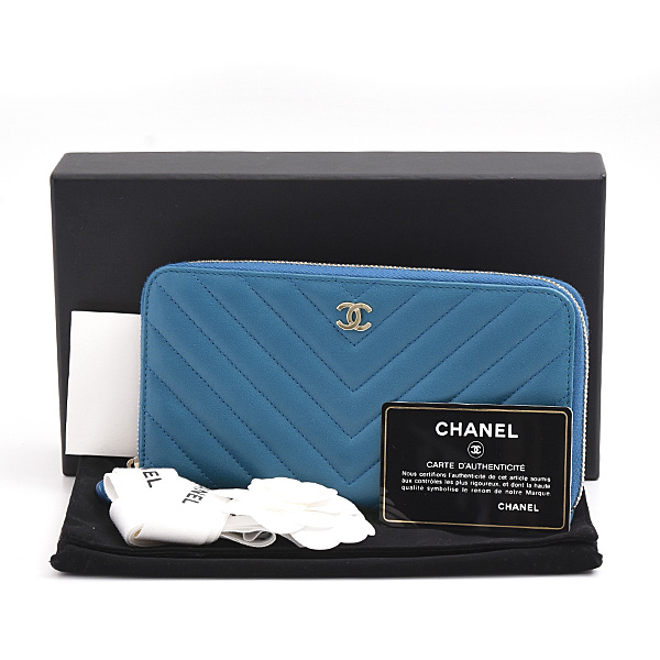 シャネル 財布 レディース シェブロン ラウンドファスナー長財布 Vステッチ ラムスキン ブルー CHANEL 中古