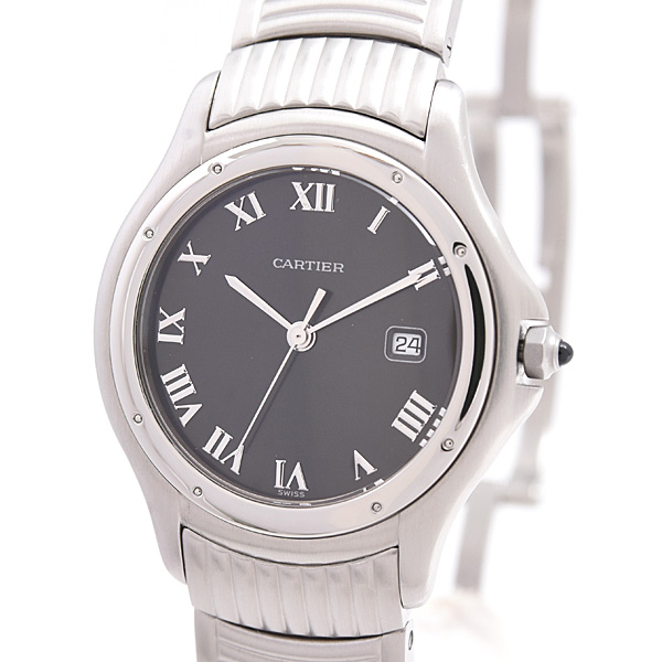 カルティエ 時計 パンテール クーガー ゴドロン LM ブラック文字盤 電池式 メンズ レディース ステンレス Cartier W35016F8 中古