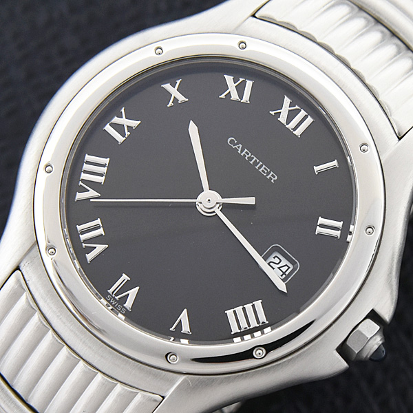 カルティエ 時計 パンテール クーガー ゴドロン LM ブラック文字盤 電池式 メンズ レディース ステンレス Cartier W35016F8 中古