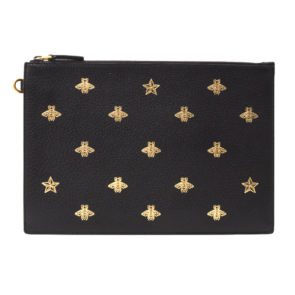 グッチ GUCCI ビースター クラッチバッグ セカンドバッグ ブラック ゴールド レザー 495066 中古