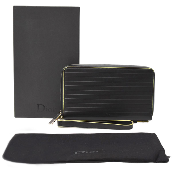 クリスチャンディオール 財布 メンズ ラウンドファスナー オーガナイザー バッグ クラッチ レザー ブラック Christian Dior 中古