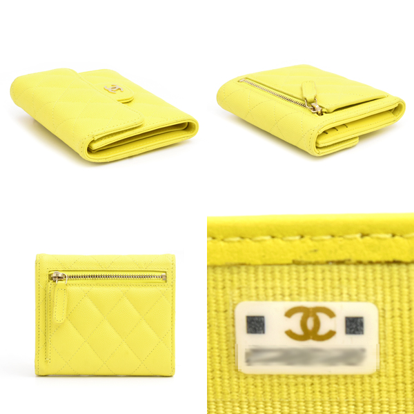 シャネル 財布 レディース マトラッセ 三つ折り財布 コンパクトウォレット ランダム キャビアスキン イエロー CHANEL 中古