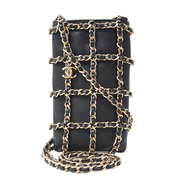 シャネル バッグ レディース テック ミー アウト チェーンフォンケース スマホショルダーラムスキン ネイビー CHANEL AP1161 中古