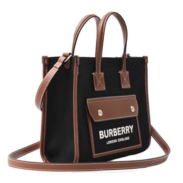 バーバリー バッグ レディース メンズ ミニフレヤトート ショルダーバッグ キャンバス×レザー ブラック×ブラウン BURBERRY 8044143 A1395 中古