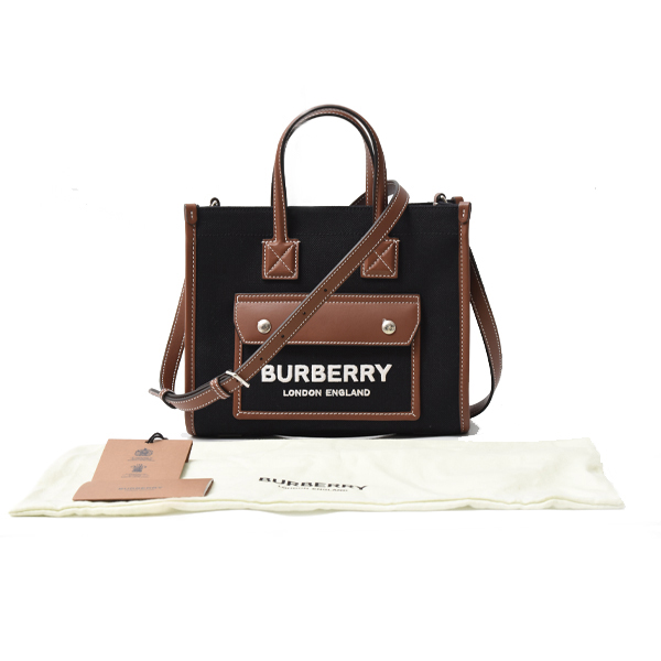 バーバリー バッグ レディース メンズ ミニフレヤトート ショルダーバッグ キャンバス×レザー ブラック×ブラウン BURBERRY 8044143 A1395 中古