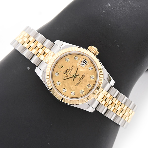 ロレックス 時計 レディース デイトジャスト 10P 自動巻 ランダム ゴールドクリスタル文字盤 SS×YG ROLEX 179173G 中古