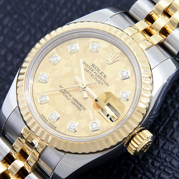 ロレックス 時計 レディース デイトジャスト 10P 自動巻 ランダム ゴールドクリスタル文字盤 SS×YG ROLEX 179173G 中古