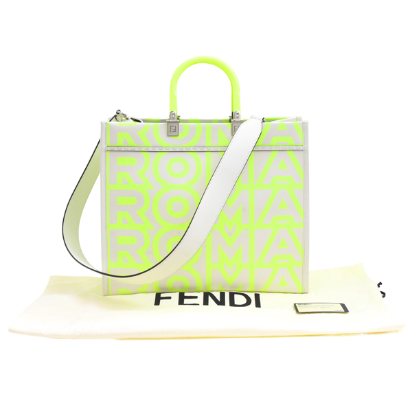 フェンディ バッグ レディース メンズ サンシャイントート ショルダー マークジェイコブスコラボ レザー 蛍光イエロー×グレー FENDI 8BH386 中古