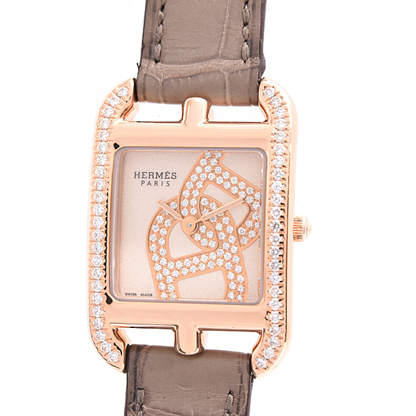 エルメス 時計 レディース ケープコッド シェーヌダンクル ダイヤベゼル 文字盤ダイヤ 電池式 ゴールド文字盤 750PG アリゲーター HERMES CC1.371 中古
