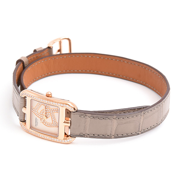 エルメス 時計 レディース ケープコッド シェーヌダンクル ダイヤベゼル 文字盤ダイヤ 電池式 ゴールド文字盤 750PG アリゲーター HERMES CC1.371 中古