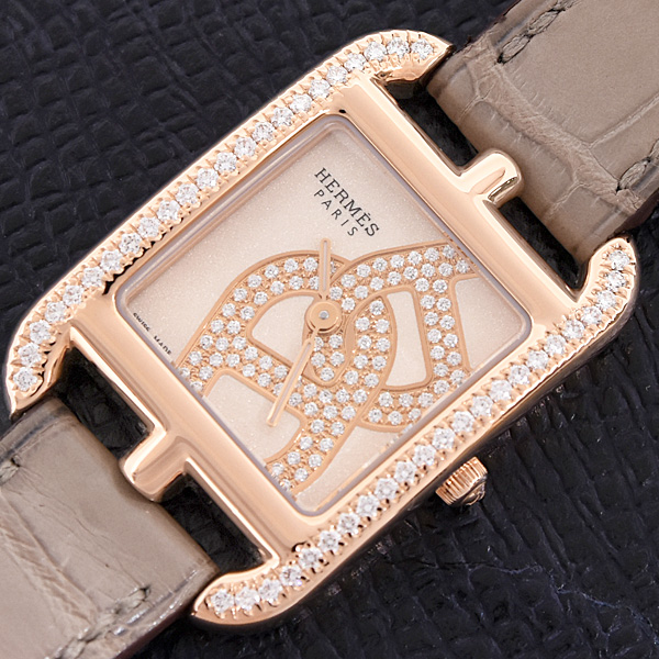 エルメス 時計 レディース ケープコッド シェーヌダンクル ダイヤベゼル 文字盤ダイヤ 電池式 ゴールド文字盤 750PG アリゲーター HERMES CC1.371 中古