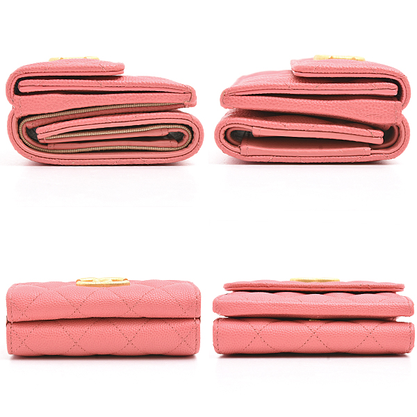 シャネル 財布 レディース マトラッセ スモールフラップ コンパクトウォレット コーラルピンク キャビアスキン CHANEL AP3518 中古