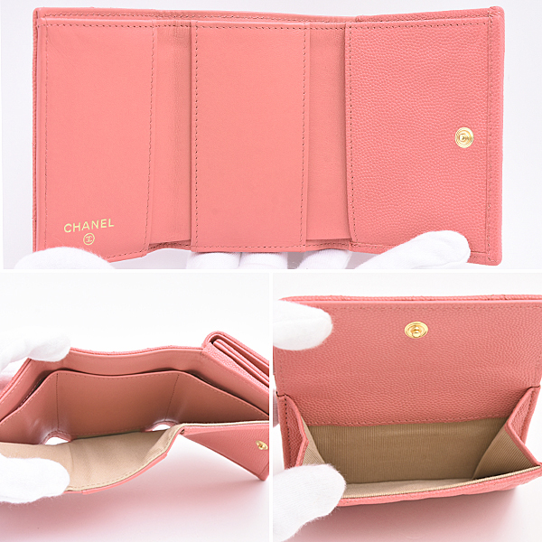 シャネル 財布 レディース マトラッセ スモールフラップ コンパクトウォレット コーラルピンク キャビアスキン CHANEL AP3518 中古