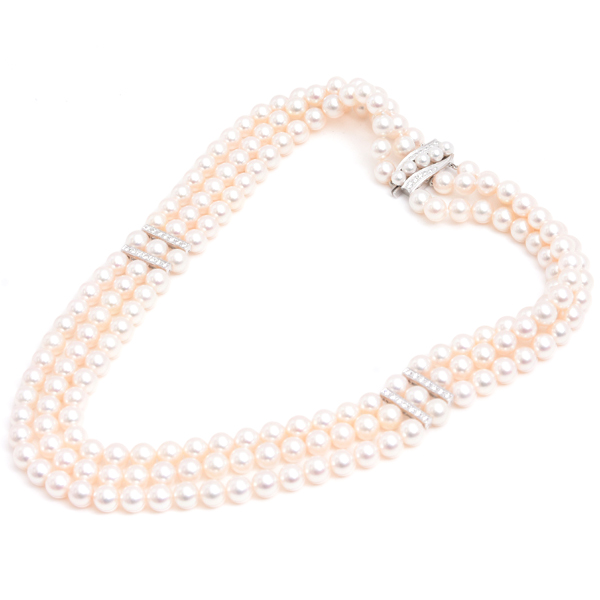 ミキモト ネックレス レディース 3連 パール ダイヤ ネックレス 7.5mm～7.9mm珠 1ctオーバー ホワイトゴールド MIKIMOTO K14WG 中古