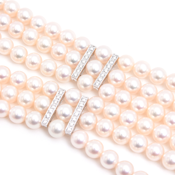 ミキモト ネックレス レディース 3連 パール ダイヤ ネックレス 7.5mm～7.9mm珠 1ctオーバー ホワイトゴールド MIKIMOTO K14WG 中古
