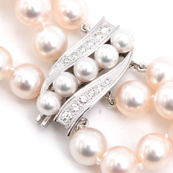 ミキモト ネックレス レディース 3連 パール ダイヤ ネックレス 7.5mm～7.9mm珠 1ctオーバー ホワイトゴールド MIKIMOTO K14WG 中古