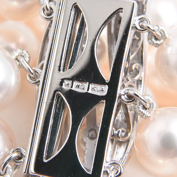 ミキモト ネックレス レディース 3連 パール ダイヤ ネックレス 7.5mm～7.9mm珠 1ctオーバー ホワイトゴールド MIKIMOTO K14WG 中古
