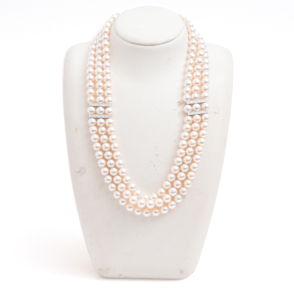 ミキモト ネックレス レディース 3連 パール ダイヤ ネックレス 7.5mm～7.9mm珠 1ctオーバー ホワイトゴールド MIKIMOTO K14WG 中古